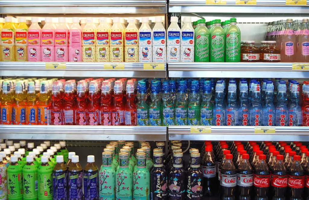 Shelf of Japanese soda with many soda flavors